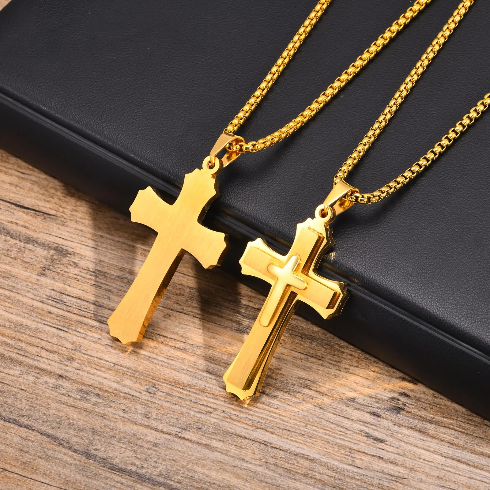 Mprainbow  Mens 3-Layers Cross Necklaces,Waterproof Stainless Steel Faith Pendant Collar with Box Chain Religious Prayer Jewelry