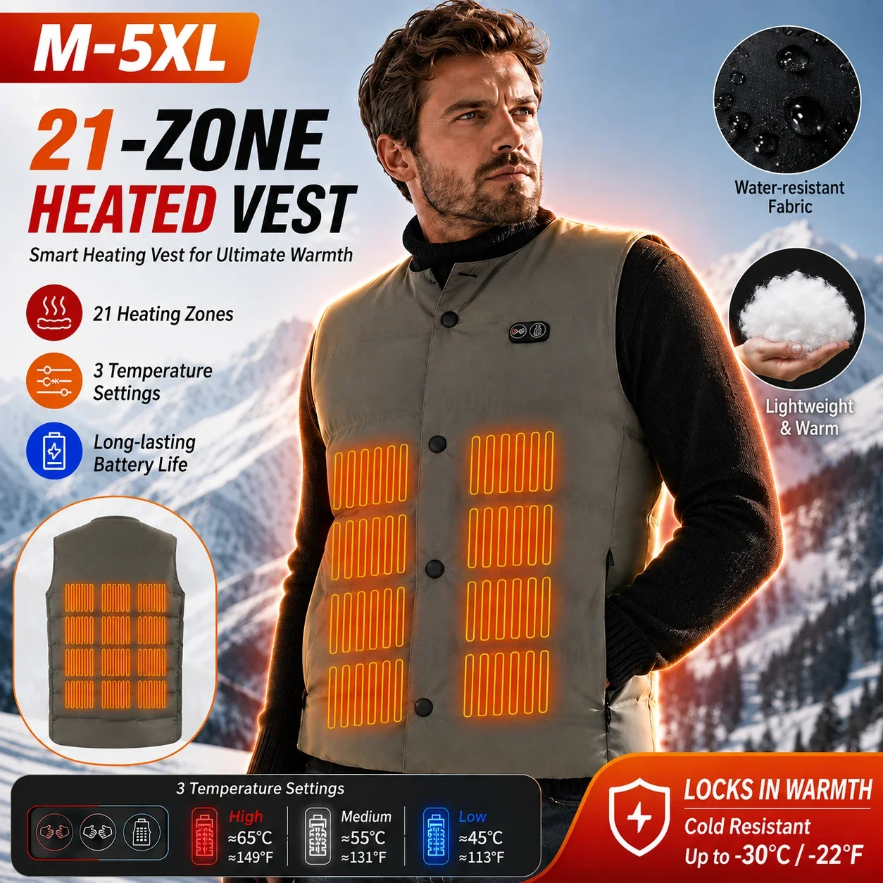 Mens Womens USB Heated Gilet Winter Sleeveless Vest 21 Heating Zones 3 Level Temperature Control Loose Fit Warm Outdoor Sport Th