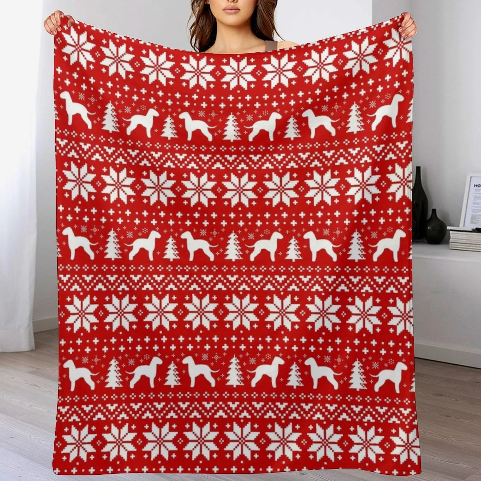 

Bedlington Terrier Silhouettes Red and White Christmas Holiday Pattern Throw Blanket for sofa For Decorative Sofa Blankets