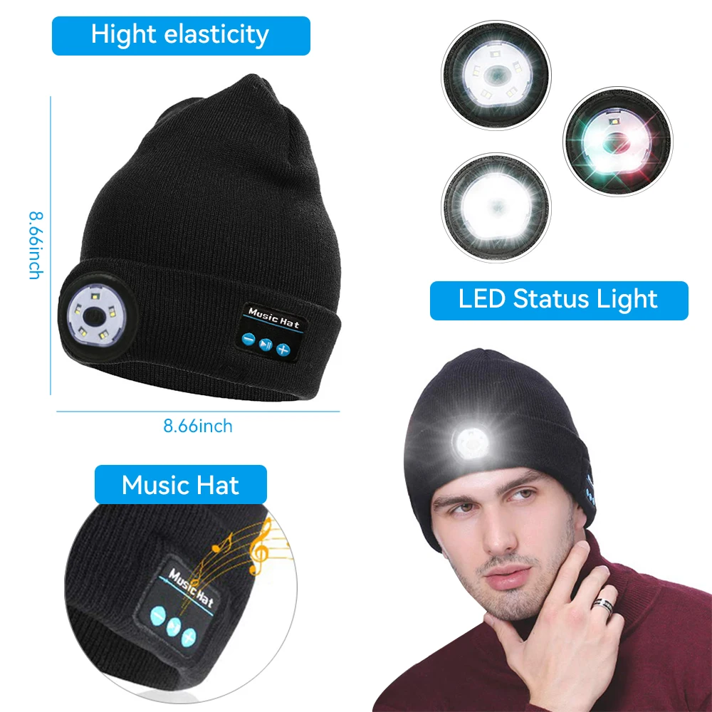 Warm Hat Beanie Bluetooth LED Hat Wireless Stereo Headphone Music Player with Microphone Hands-Free Support Dimming Rechargeable