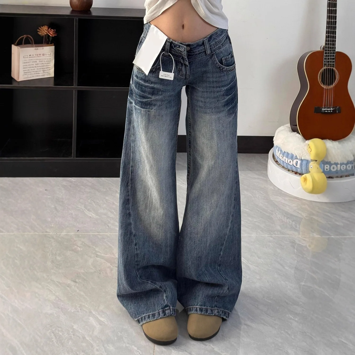 Women Vintage Washed Loose Straight Denim Floor-length Trousers Blue Flared Jeans