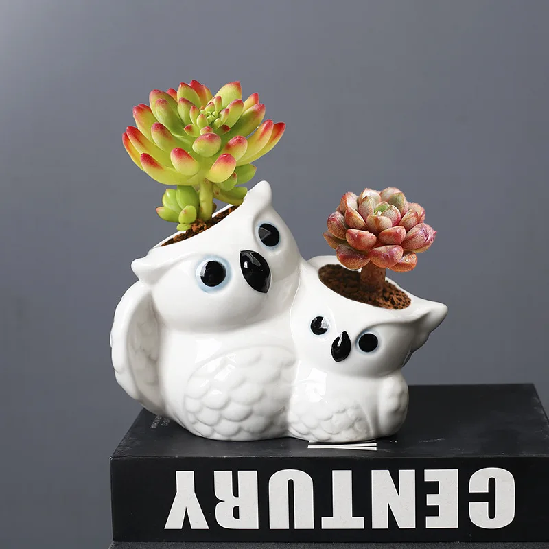 Handmade Double Owl Animal Ceramic Flower Pot Succulent Planter Mini Cactus Bonsai Desktop Tabletop Home Office Decor