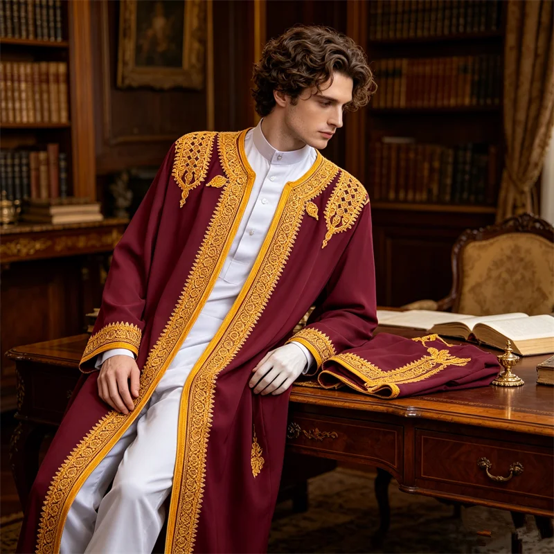 Ethnic Embroidery Jubba Thobe Men Muslim Dress Saudi Arab Robe Kimono Cardigan Abaya Daffah Dishdasha Traditional Islam Clothing