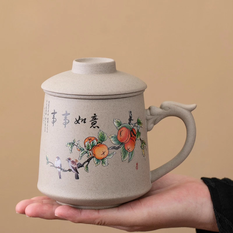 

Chinese Style Cartoon Persimmon Pattern Mug, Home Personal Office Cute Teacup With Cover Creative Separated Tea Cup for Tea, 1Pc