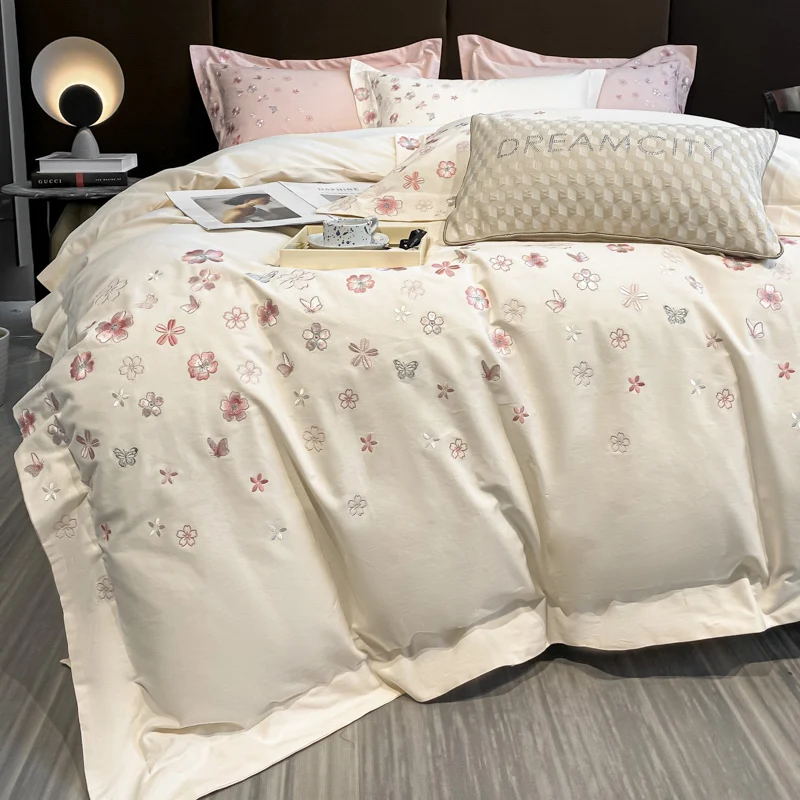 Off White Garden Butterfly Embroidery Cotton Fabric Bedding Set Duvet Cover Linen Fitted Sheet Pillowcases Home Textile