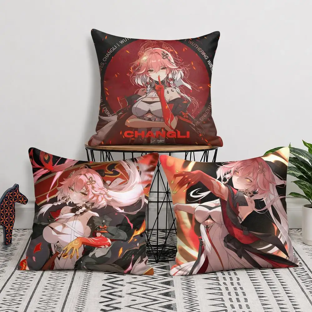 Changli Wuthering Waves Cushion Cover Short Plush Soft Double-Sided Printing Pillow Case Cozy Sofa Bedroom Home Decor Gift