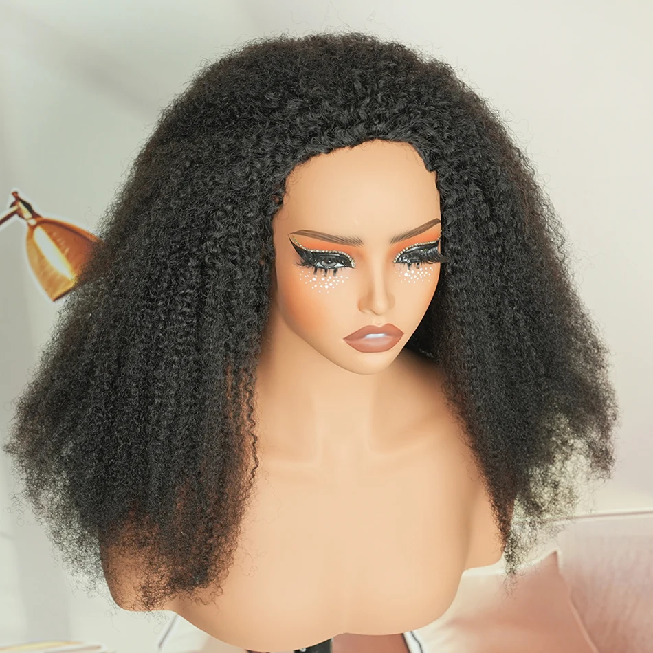 4C Afro Kinky Coily Half Wigs Human Hair 200% Glueless Drawstring Seamless Flip Clip Ins #1B Natural Color Curly Headband Wig