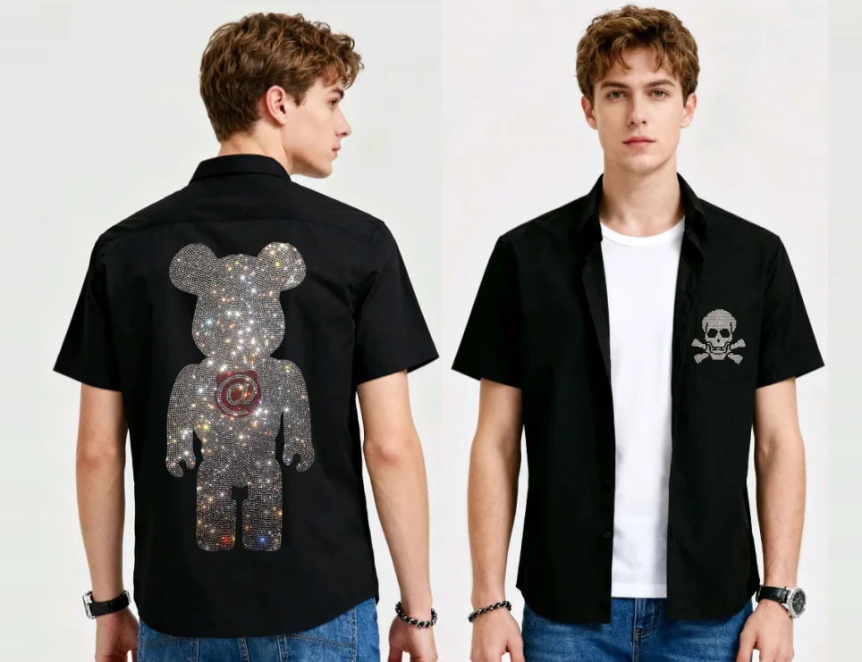 

Casual Men's Short Sleeve Shirt Fun Rhinestone Decorations Lightweight & Breathable Great for Summer Trips Rhinestone Men's Sh