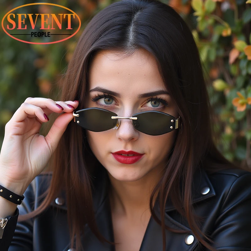 Vintage Rimless Polygon Sunglasses Women 2025 Luxury Brand Stylish Metal Small Frame Shades UV400 Fashionable Eyewear For Ladies