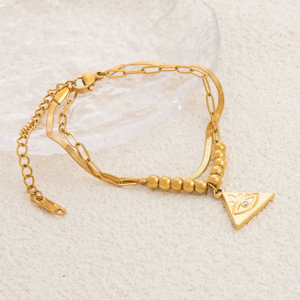 Fashion Triangle/Square Double-layer Bracelet Chic Stainless Steel Evil Eye Bracelet Trendy Gold Color Pendant Bracelet Women