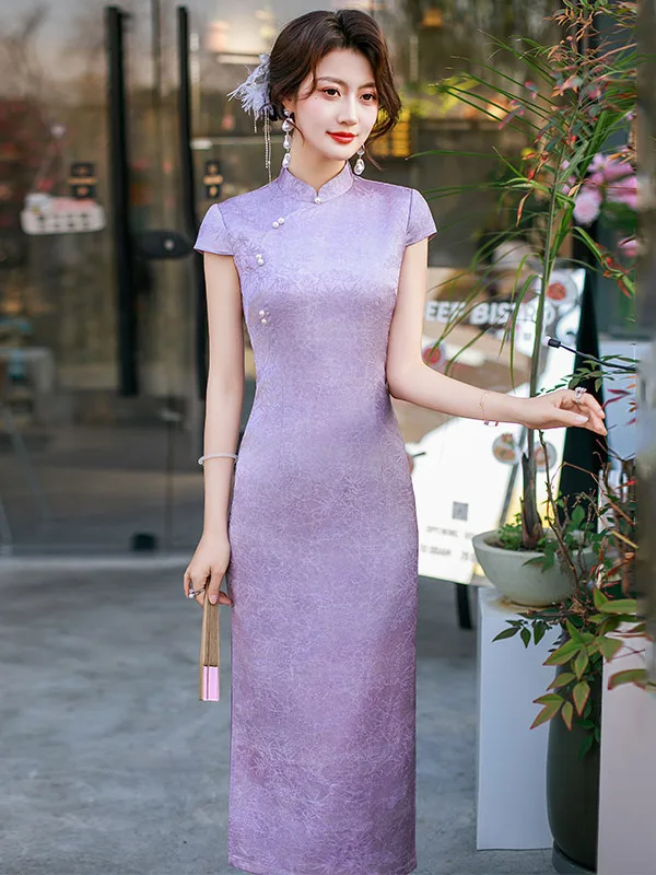 

Женское фиолетовое приталенное длинное платье в винтажном китайском стиле для весны и лета из дышащего полиэфирного волокна