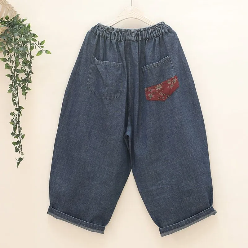 New Arts Style Spring Autumn Women Elastic Waist Cotton Denim Wide Leg Pants Vintage Patch Designs Ankle-length Loose Jeans C719