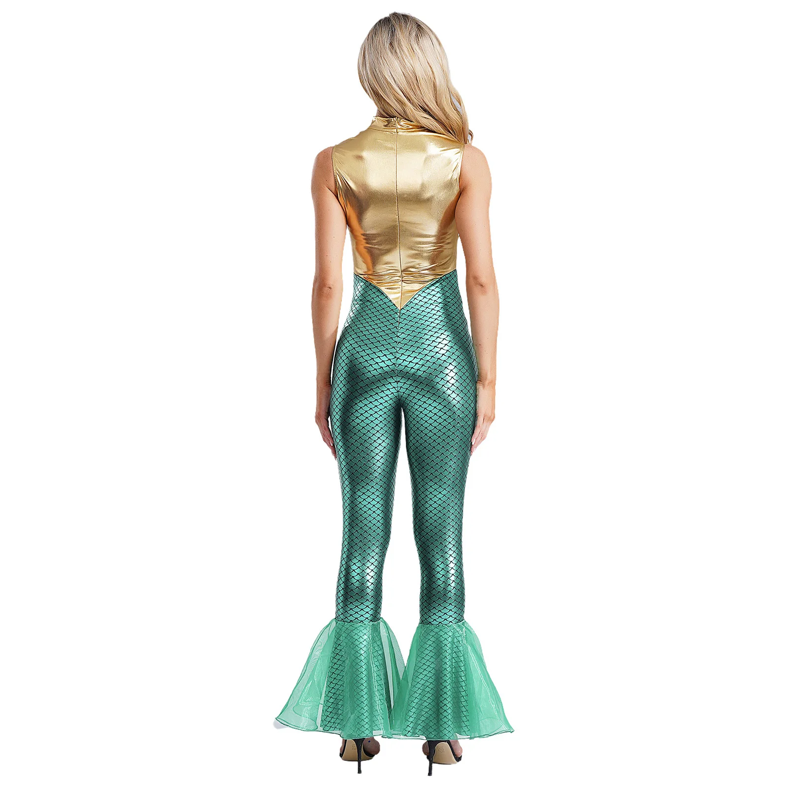 زي حورية البحر للهالوين، بدلة قفز للحفلات التنكرية للنساء، رومبير مع فتحة رقبة وهمية، موازين سمكة معدنية أمامية #3