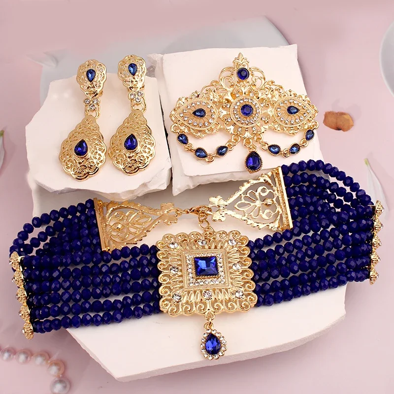 Royal Bule Stone Bridal Jewelry Set Gold Plated Moroccan Caftan Wedding Jewelry Handmade Ethnic Women Accessory Mother Gift