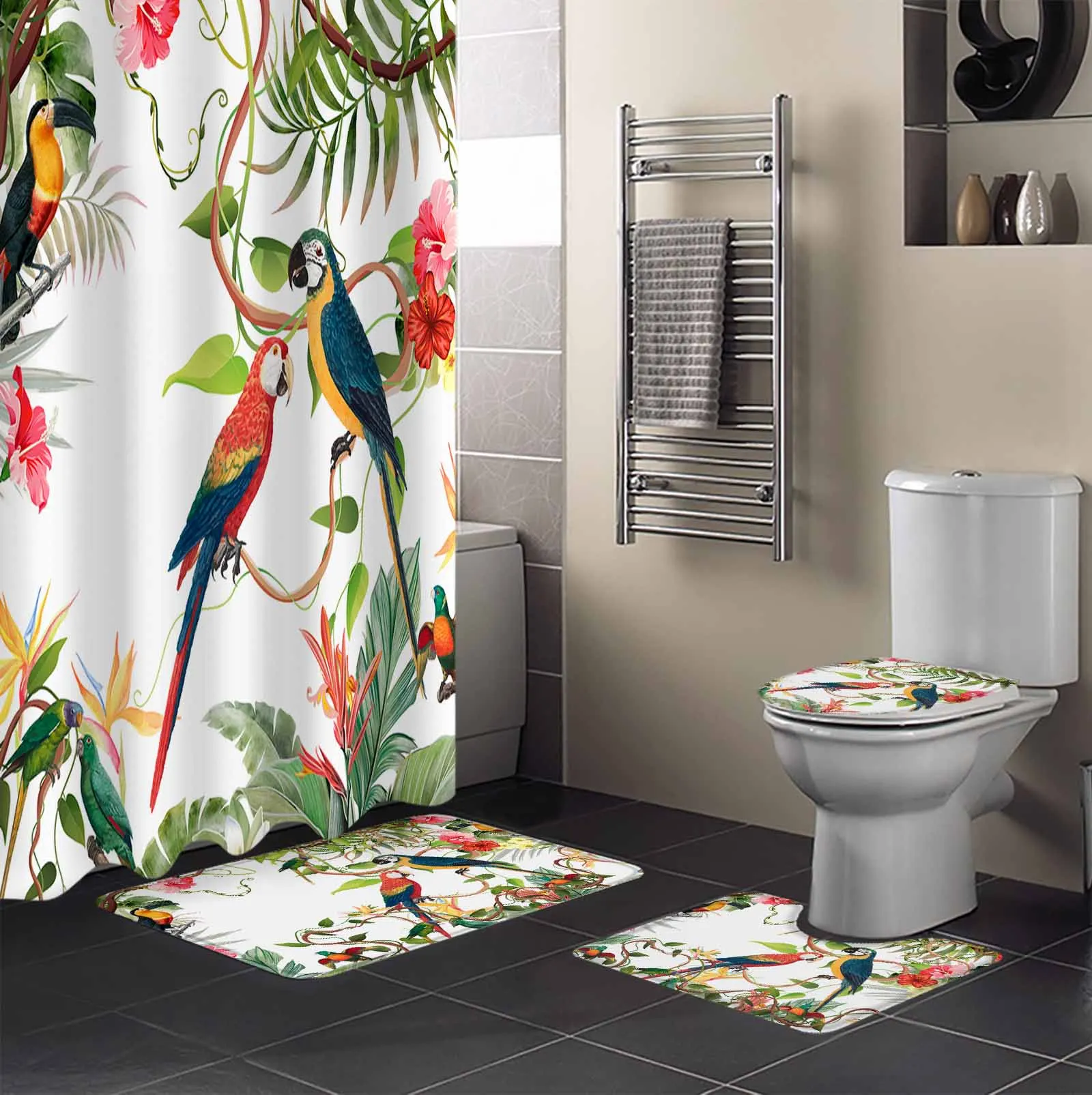 Tropical Leaves Parrot Flowers Shower Curtain Non-Slip Rugs Toilet Lid Cover and Bath Mat Bathroom Curtains with Hooks