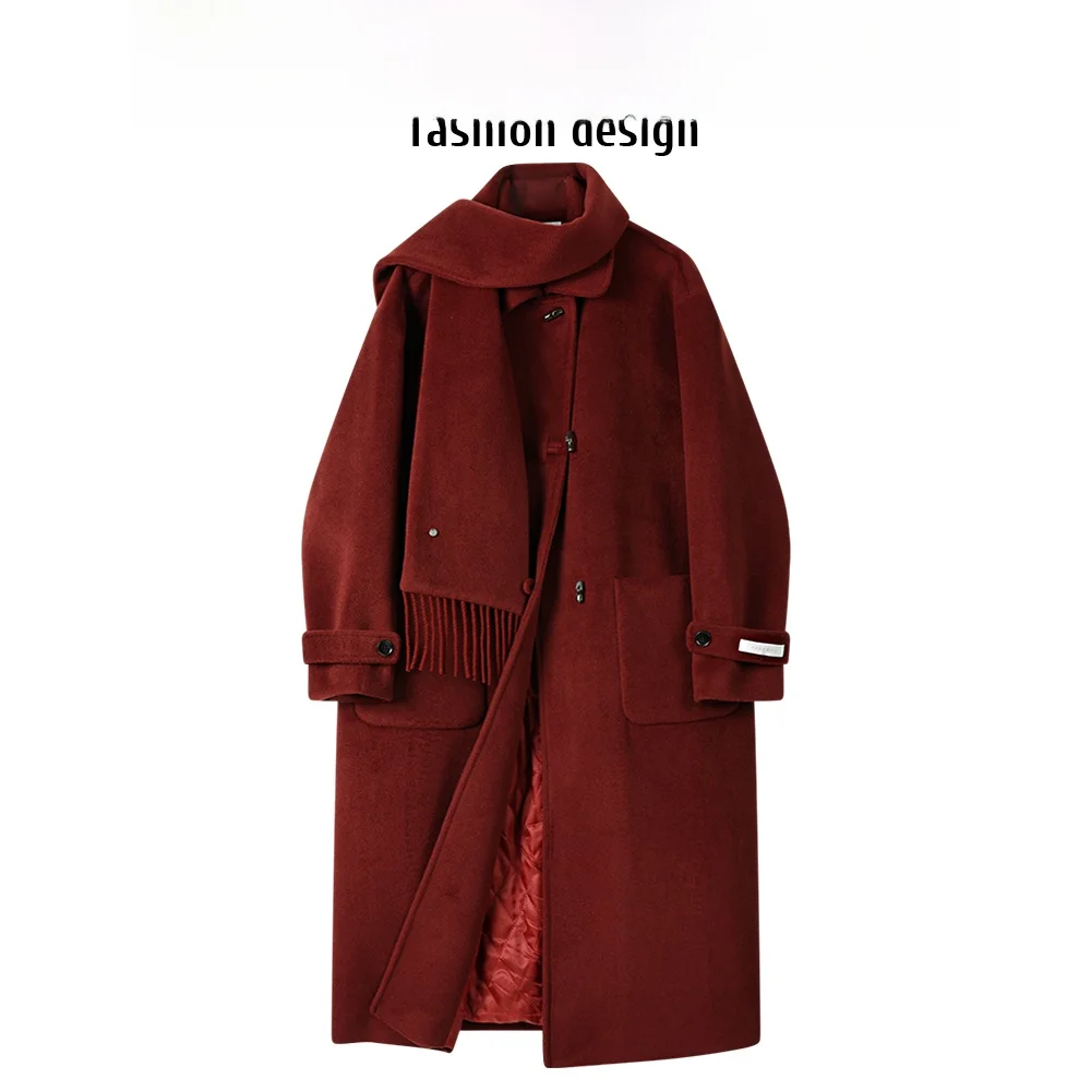 

CIVICERA Cisas Red Retro Sle Scarf Patterned Woolen Coat Women's Winter Cotton Lined Thi Long Coat Loose Fit Long Sve