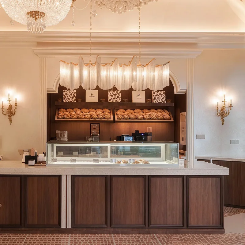 custom.Trendy Sweets Shop Furniture Design Modern Glass Coffee Shop Cabinet Custom Wooden Cafe Bakery Bar Counter view 5