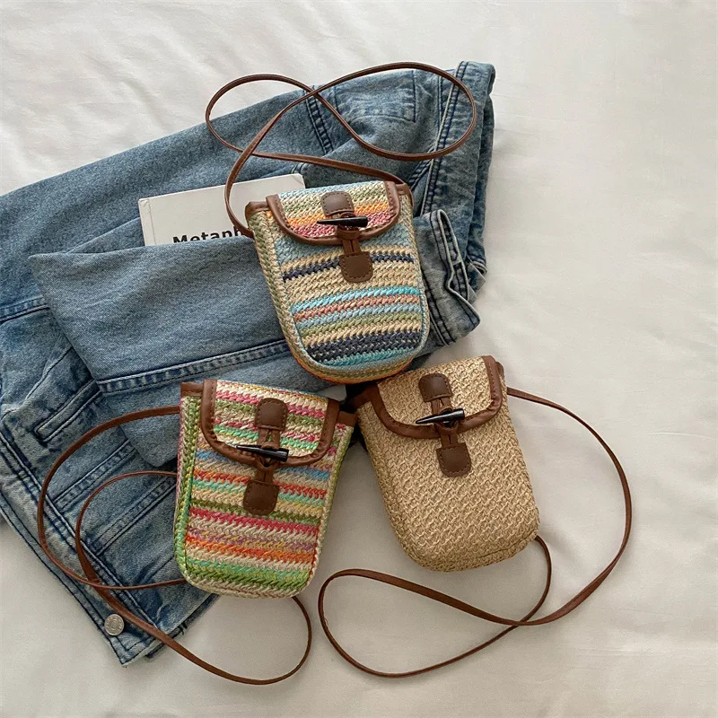 

Summer Woven Mobile Phone Bag Rainbow Versatile Trendy Crossbody Bags for Women Purse and Handbags Mother Kids Bag for Girl Sac