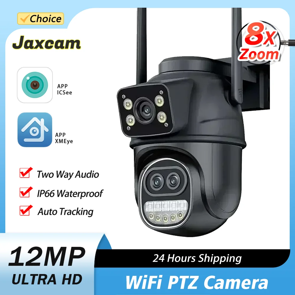 

12MP 6K Outdoor WIFI Camera 8X Zoom Three Lens Dual Screens PTZ Video Cameras Auto Tracking Home Security CCTV Surveillance Cam