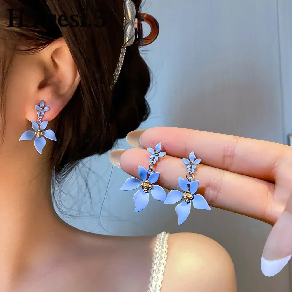 Elegant Blue Camellia Flower Dangle Earrings Bohemian Floral Daisy Earrings Women Summer Beach Jewelry