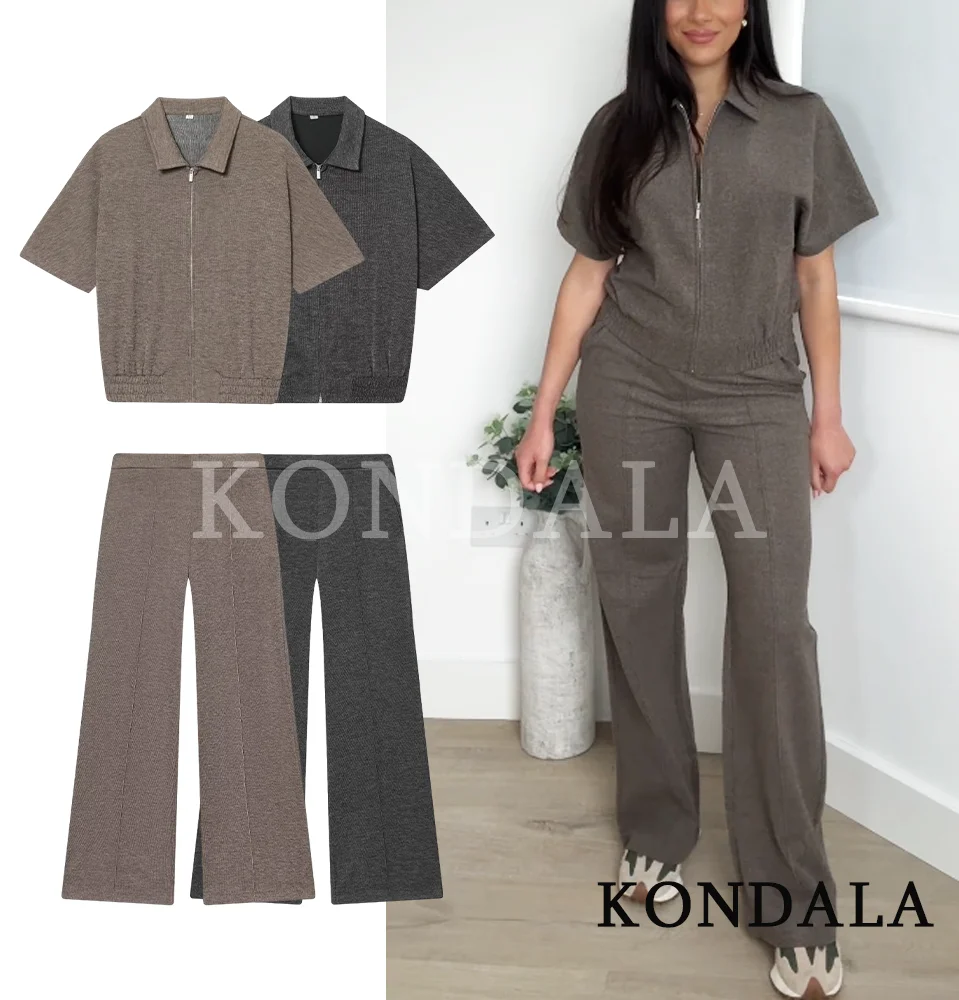ชุดเซ็ตเสื้อผ้าผู้หญิง KONDALA สำหรับฤดูใบไม้ร่วง ประกอบด้วยเสื้อแจ็คเก็ตแขนสั้นแบบมีปกติดซิป และกางเกงขายาวเอวยางยืด แฟชั่นฤดูใบไม้ร่วงปี 2025 ดีไซน์หรูหรา