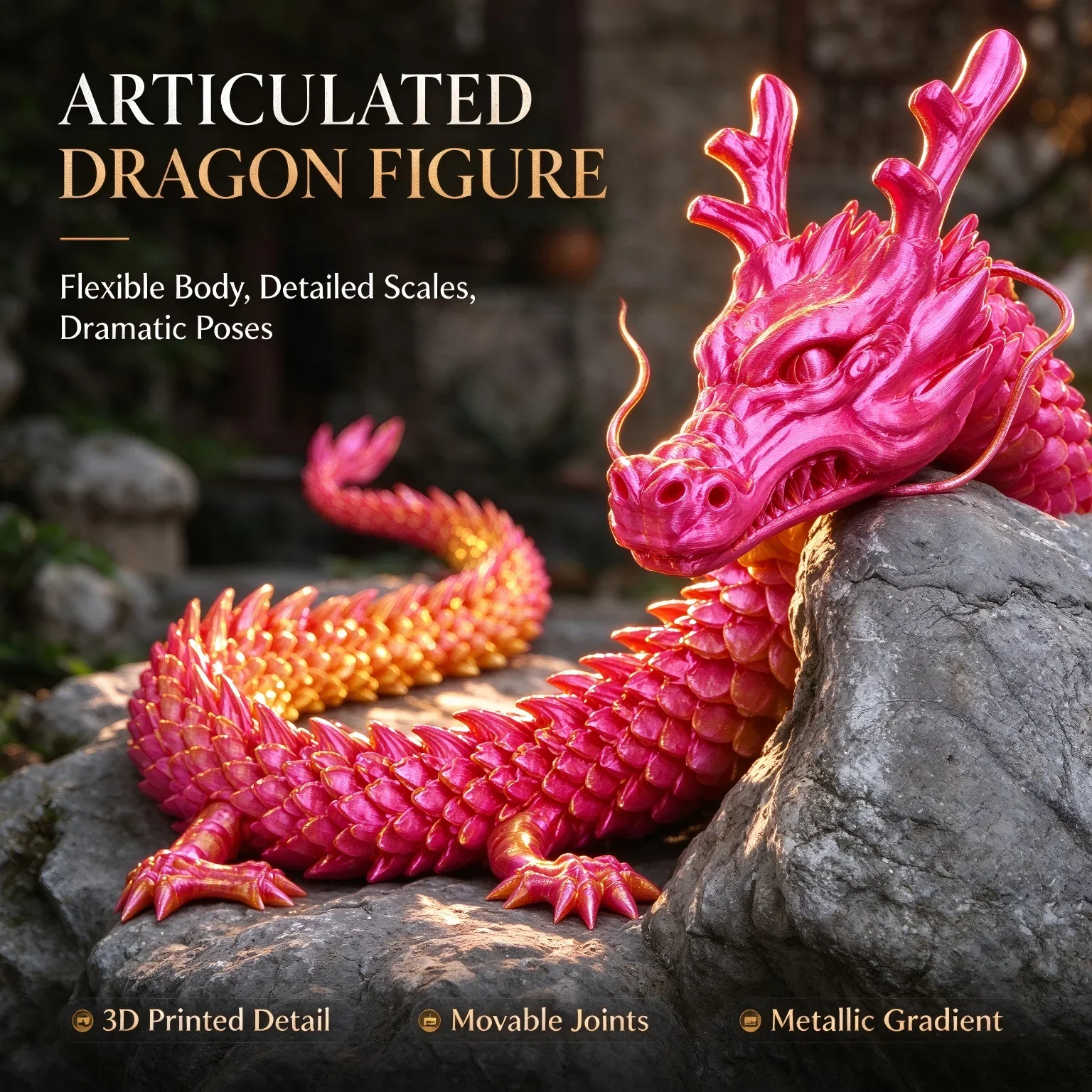 Giant 3D Printed Flexi Dragon, 24-Inch Movable Joints, Eye-Catching Desk Centerpiece, Creative Gift Idea for Home & Office