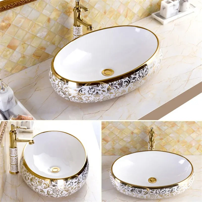 

Luxury European-style Ceramic Bathroom Sink Square Countertop Basin Round Gold Art Basin Washbasin Set
