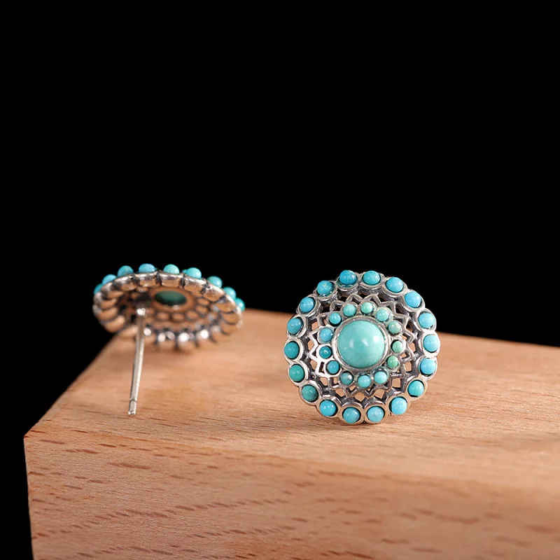 

100% 925 Silver Natural Turquoise Hollowed Out Circular Fashionable Light Luxury French Earrings For Women As a Gift