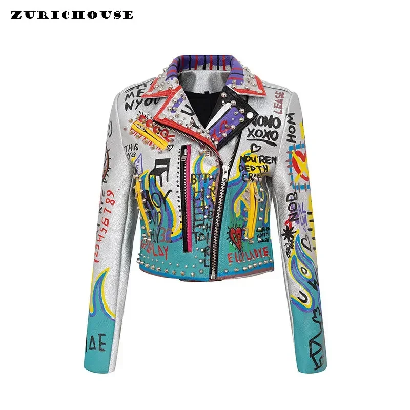 Contrasterende graffiti print bijgesneden leren jas voor dames 2024 nieuwe streetwear punk stijl bezaaid kunstleer motorjas