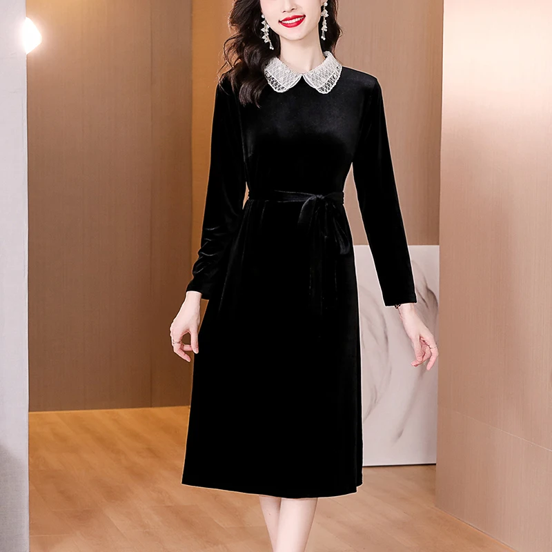 Young Mom Autumn Dress Noble Western Velvet Dress New Middle aged Women Fashion Style Long Sleeve Skirt