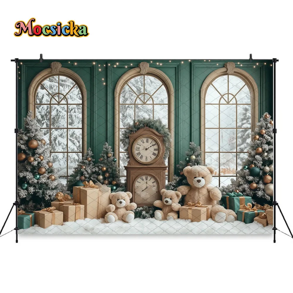 Mocsicka винтажный зеленый рождественский фон для комнаты, часы для фотосъемки, рождественская елка, игрушка, медведь, подарок, фон, зимний детский семейный фон для фотобудки