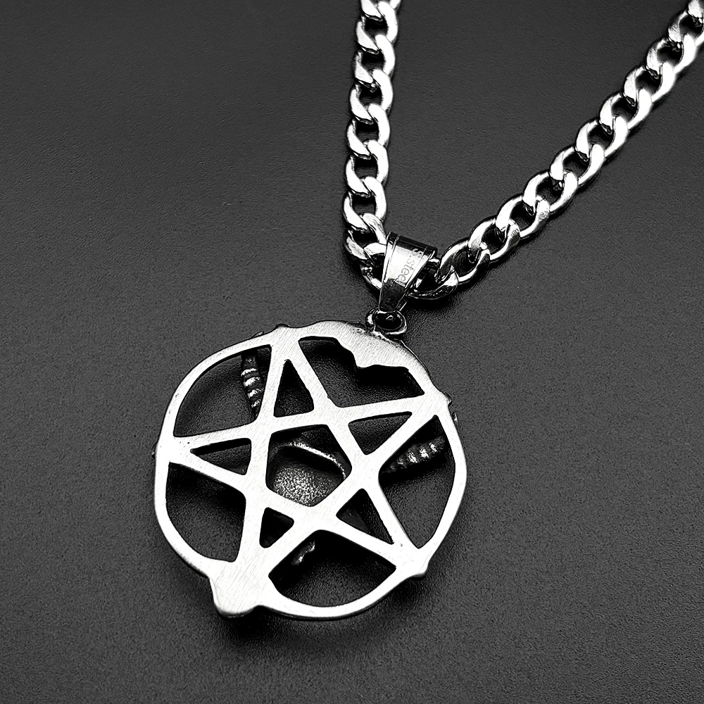 Gothic Skull Goat Pentagram 316L Stainless Steel Pendant Necklace for Women Men Silver Color Inverted Star Jewelry Amulet Gift