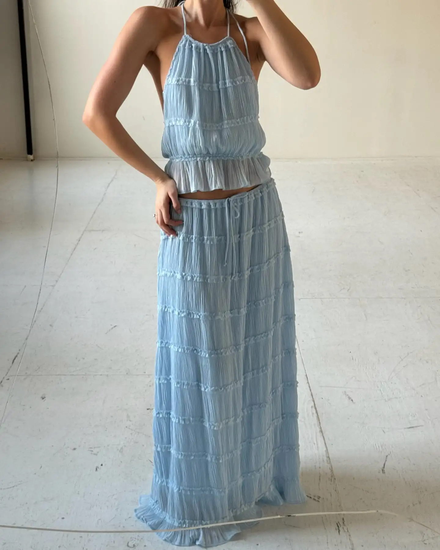 

New Fashion Womens 2 Piece Skirt Outfits Sleeveless Halter Neck Tank Tops Long Tiered Skirt Set Club Streetwear Hot Sale S M L