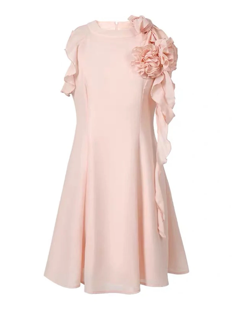 New Summer Fashion Pink Chiffon Evening Dress Women Clothes Elegant Sweet Flower Sleeveless Slim Short A-Line Party Prom Vestido