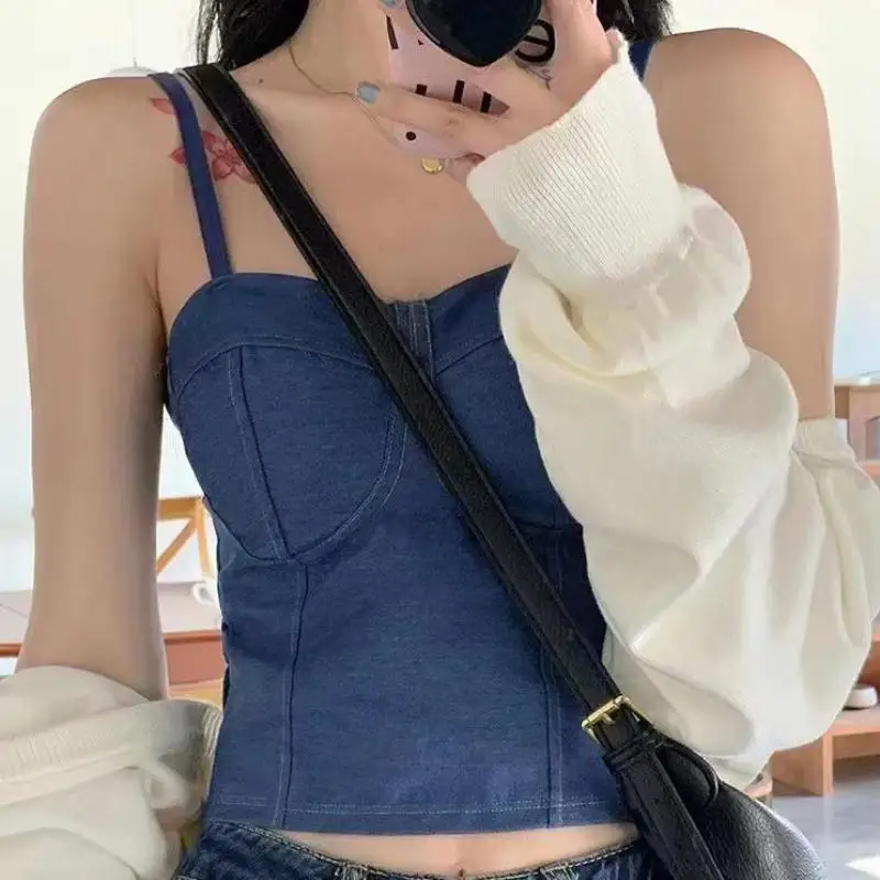 Women Denim Corset Camis Sexy Solid Color Built In Bra Female Streetwear Fashion Tank Tops Cotton Jeans Underwear Tube Top New