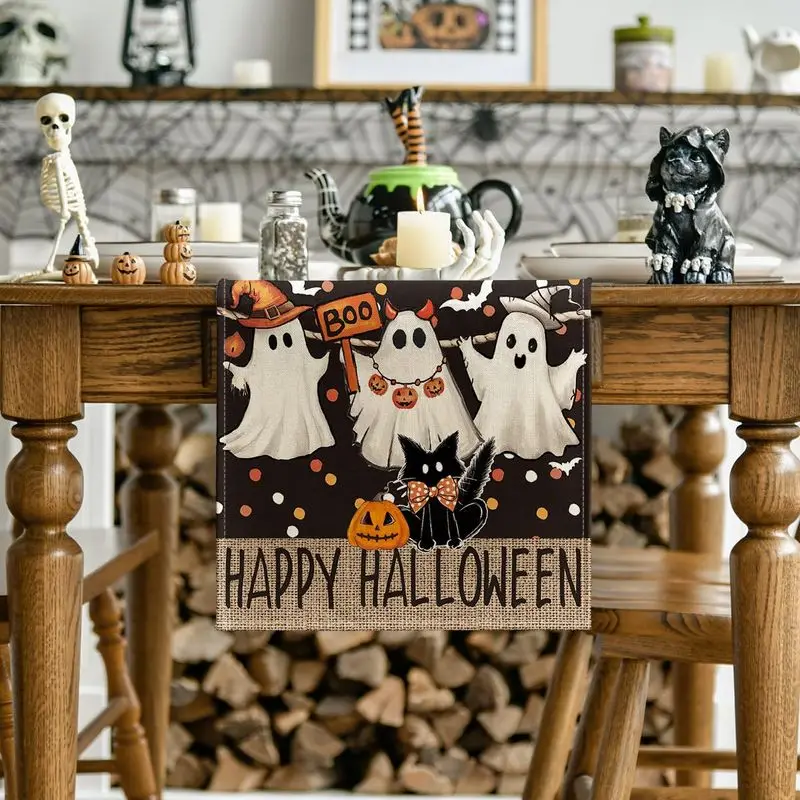 VIKAMA Halloween Table Runner Happy Halloween Boo Ghost Black Cat Pumpkin Bat Polka Dot Dining Table Home Holiday Party Decor