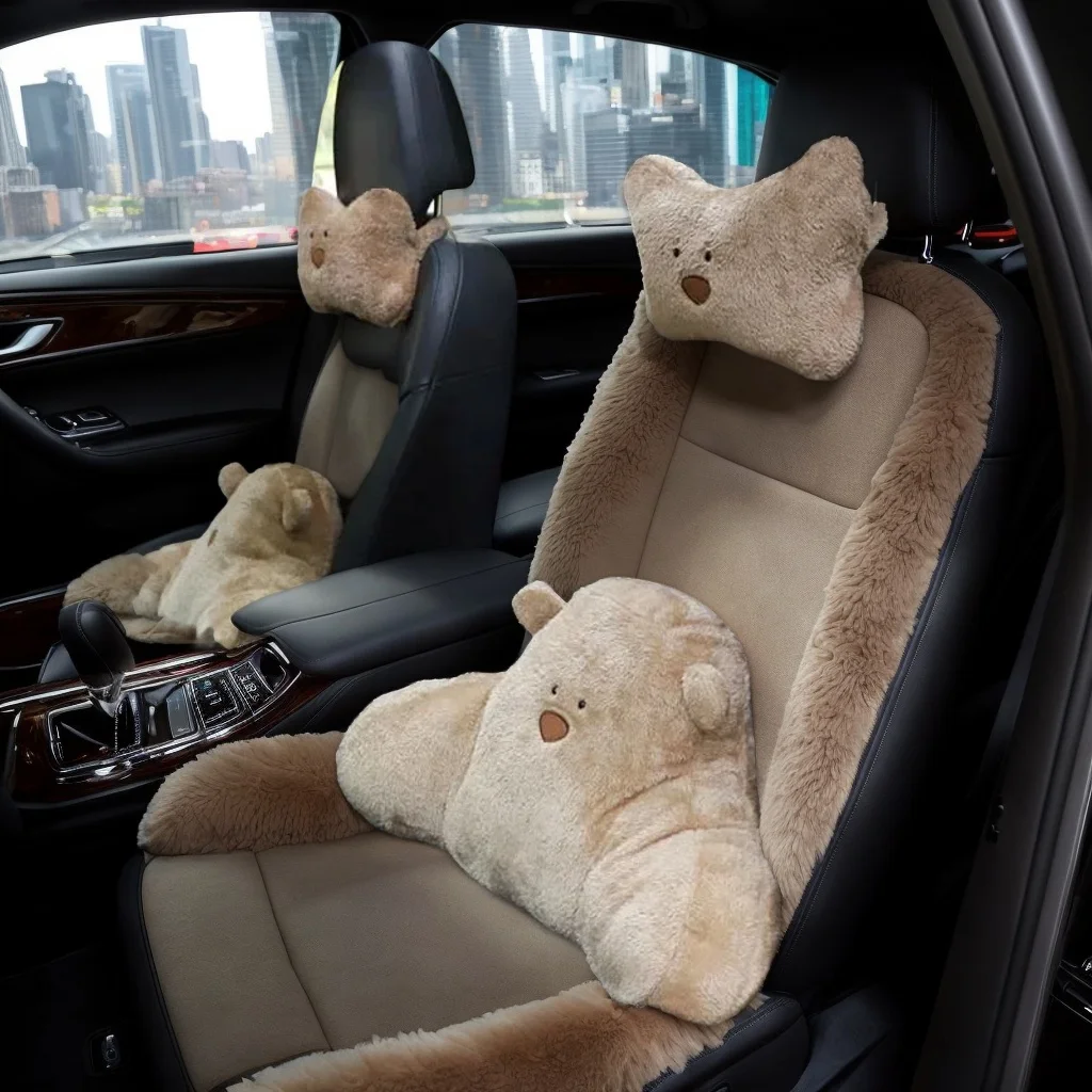 

​​Plush Car Headrest Lumbar Support - Cartoon Bear Backrest Cushion Comfortable Neck Pillow Accessory​​
