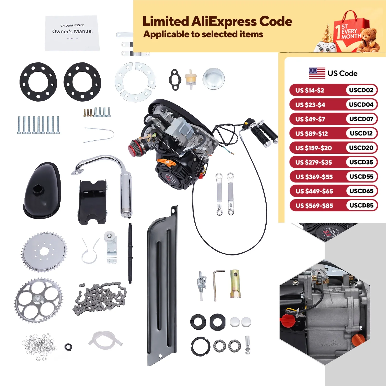 

100cc 4-тактный 3HP комплект велосипедного двигателя, комплект газового моторизованного мотора, модифицированный двигатель для велосипеда EZ-156F, отдача запуска