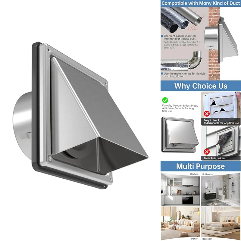 4In Stainless Steel Vent Cover Outdoor Wall With Cushioned Non Return Flap,External Extractor Wall Vent