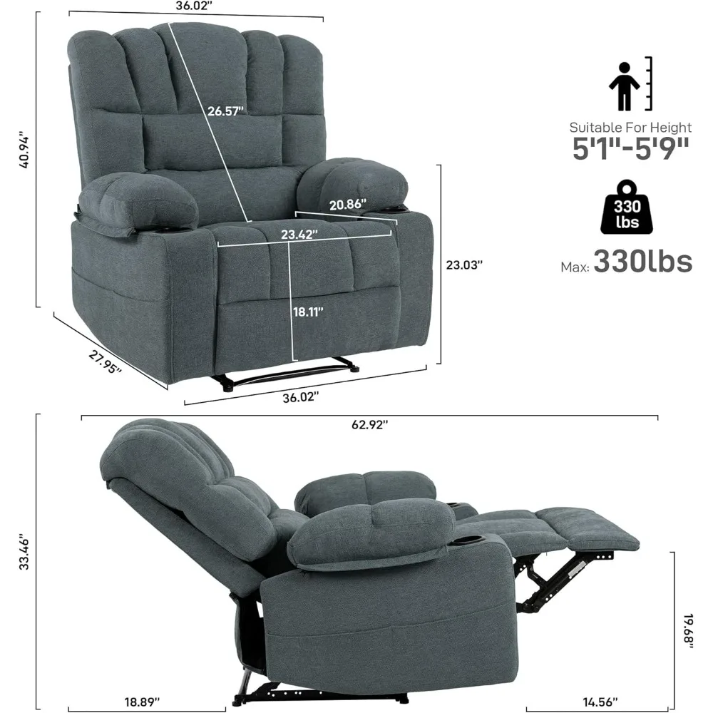 Recliner Chair, Massage Recliner Chair with Heating Vibration, Oversized Single Sofa Seat with 2 Cup, Recliner Chair