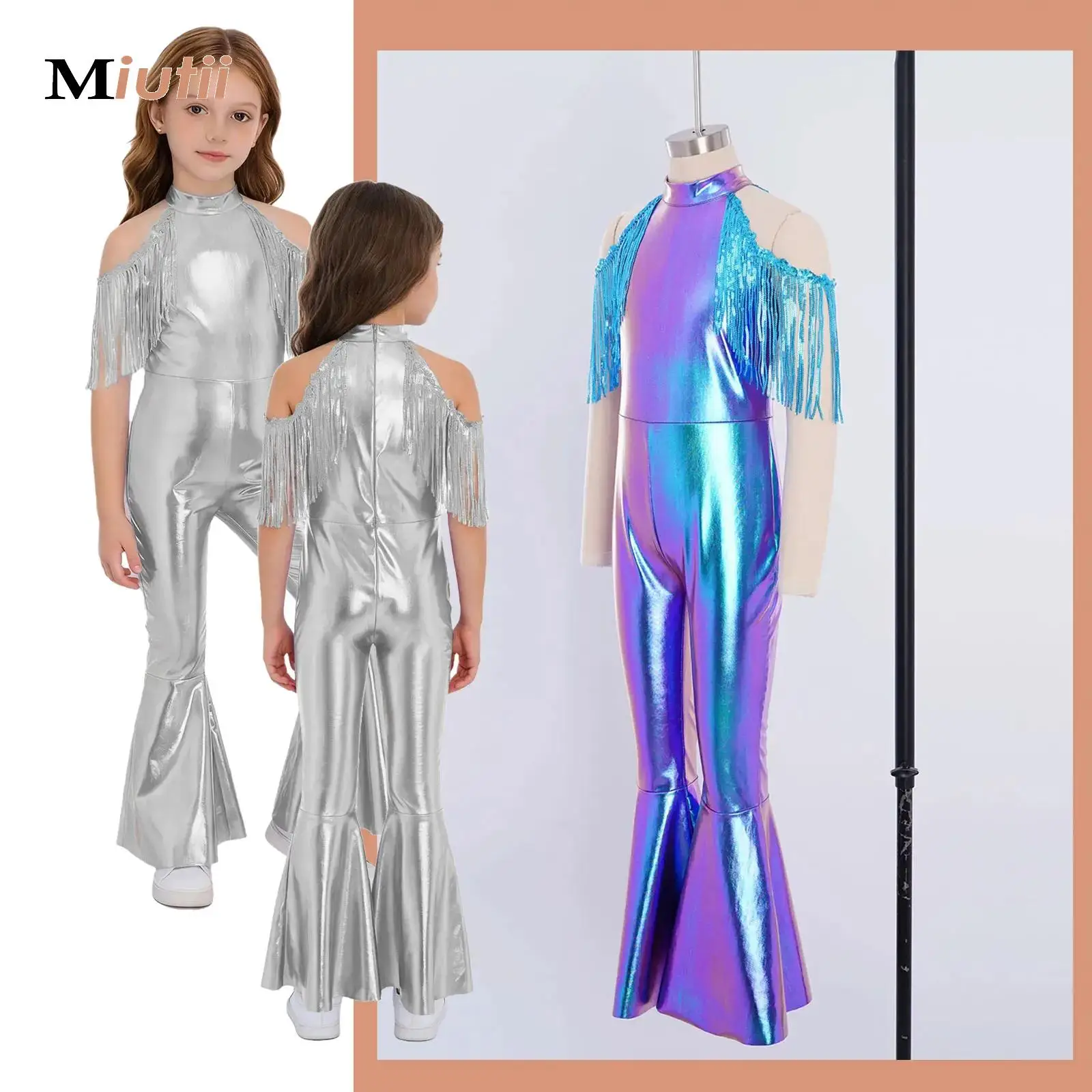

Kids Girls Shiny Sequin Hippie Cosplay Jumpsuit 70S Disco Flared Bell-Bottom Bodysuit Halloween Tassels Party Romper Dancewear