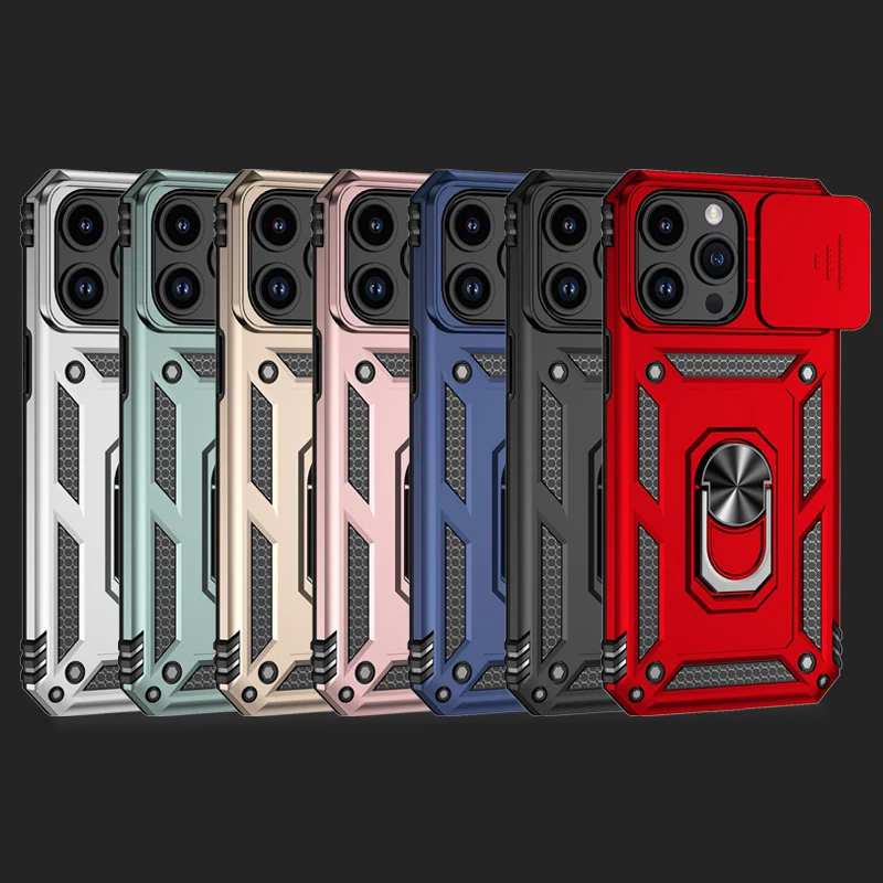 

For iPhone 15 Pro Max Case Sliding window Cover For iPhone 15 14 13 12 11 Pro Max SE 2 3 Shockproof Armor Ring Metal Brackets