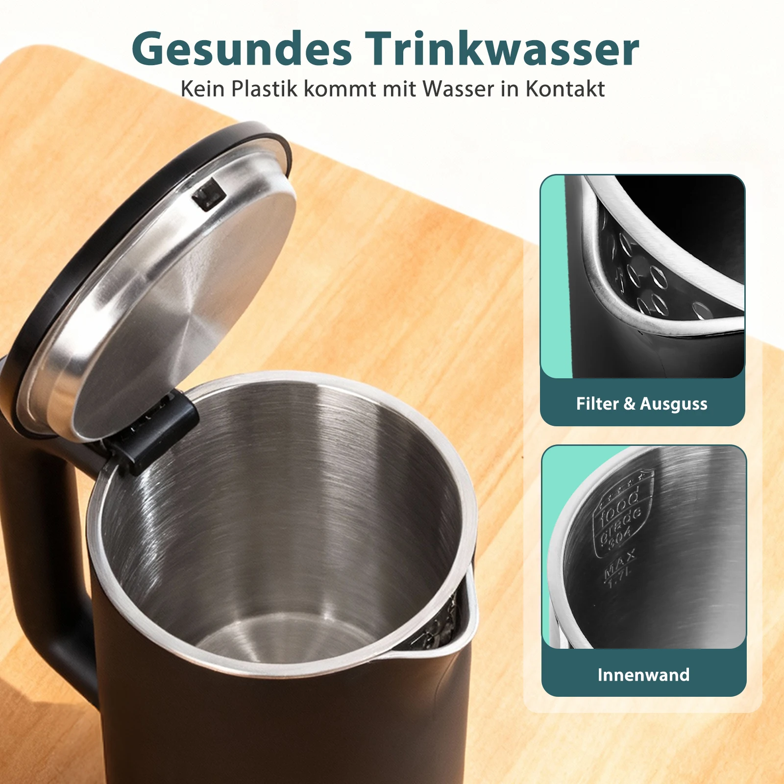 غلاية كهربائية من الفولاذ المقاوم للصدأ مزدوجة الجدار من Aigostar، سعة 1,7 لتر 2200 وات، داخلية من الفولاذ المقاوم للصدأ بنسبة 100%، مضادة للتحديد