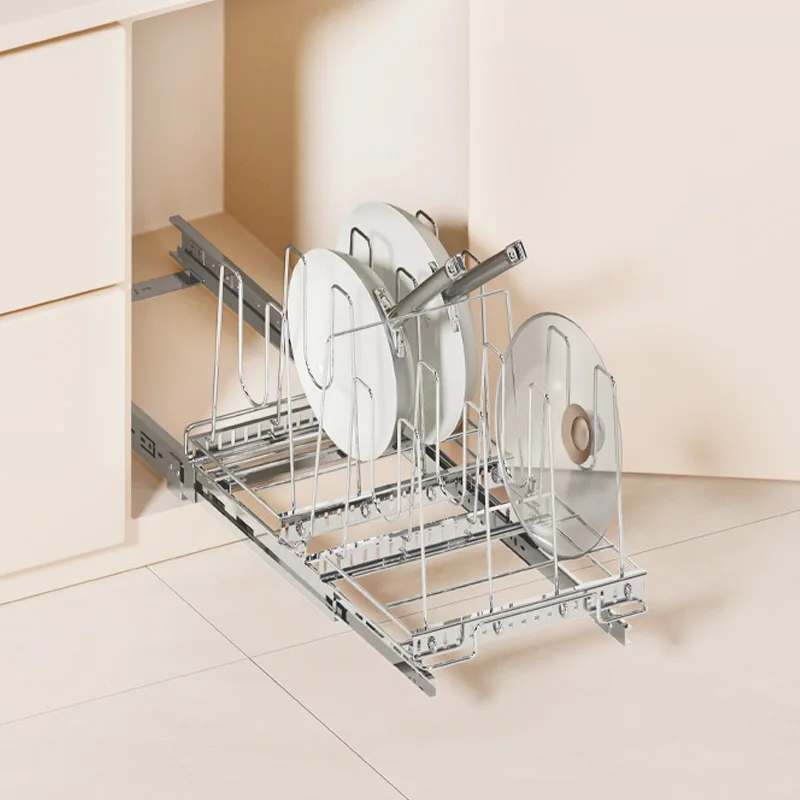 Stainless Steel Kitchen Cabinet Pull Out Organizer Rack Damping Guide Rail Adjustable Storage Basket Pot Lids Baking Trays Items