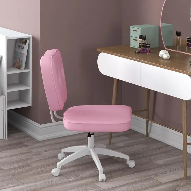 Cute Armless Office Chair, PU Leather Swivel Desk Chair, Adjustable Height Vanity Task Chair, Mid Back, Pink Color
