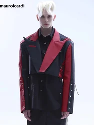 Mauroicardi Spring Autumn Cool Short Black and Red Color Block Pu Leather Jacket Blazer Men Long Sleeve Lace Up Clothes 2023