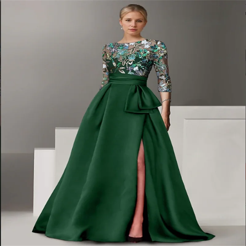 

Floral Embroidered A-Line Evening Gown Elegant Dress Formal Wedding Floor Length Half Sleeve Shirt Collar Satin with Bow(s) Slit