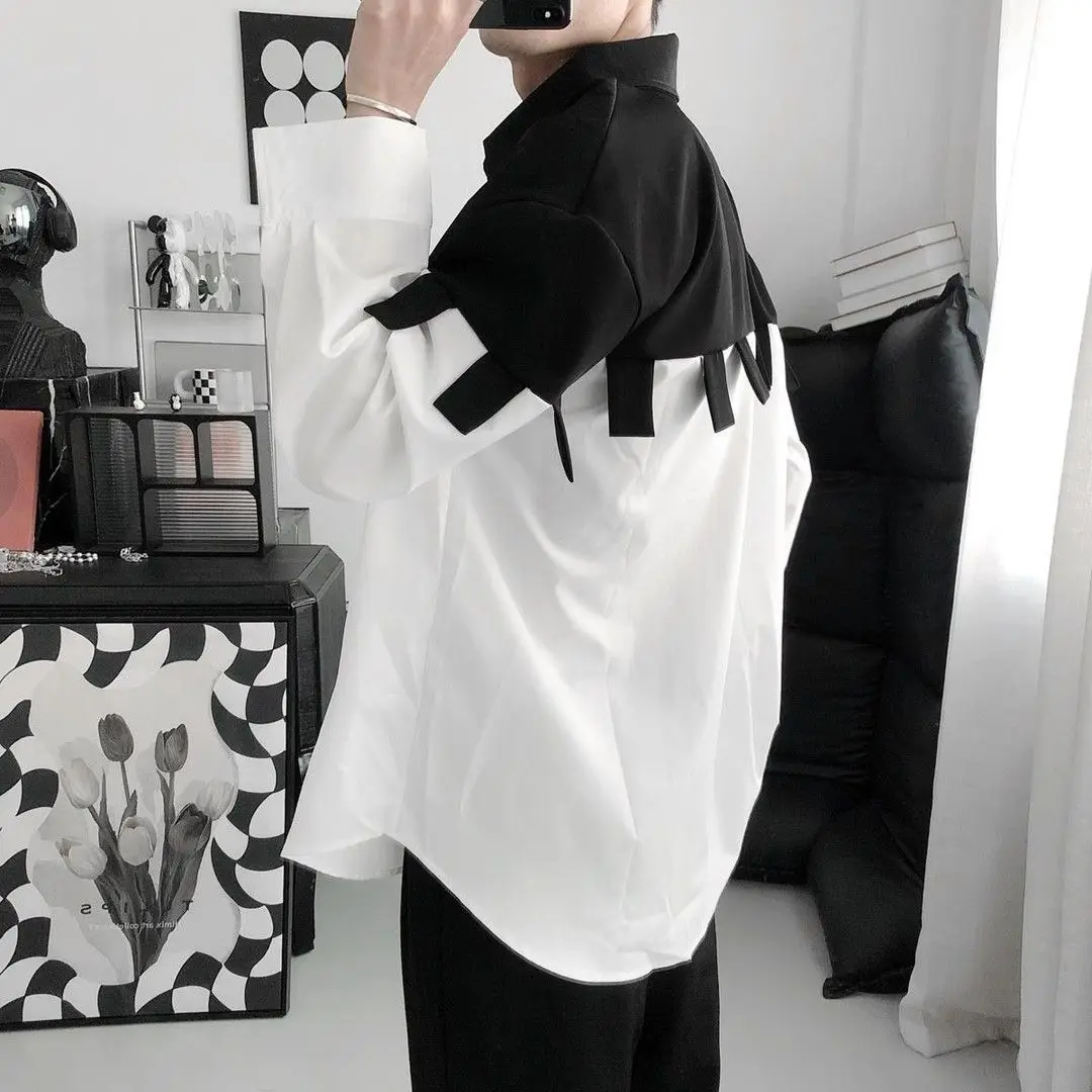 Men's 2026 Spring Autumn Color Block Patchwork Shirt Loose Long Sleeve Casual Streetwear Top