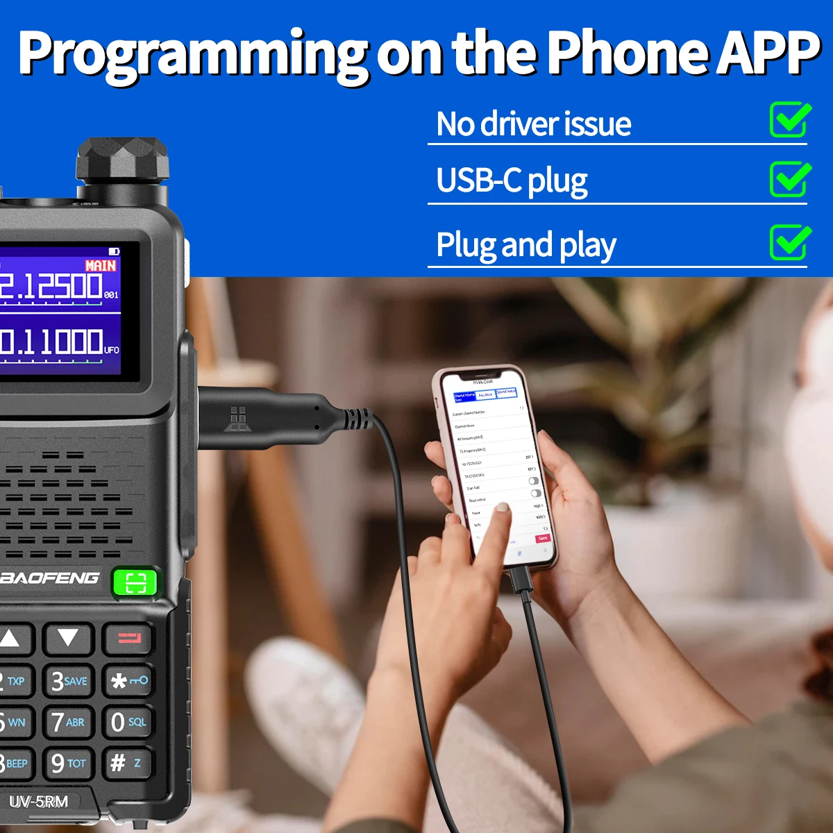 ABBREE Programming Cable IOS Android Phone APP No Driver Issue Fast Programming Speed K-Type Plug For 2 Pin Port Walkie Talkie