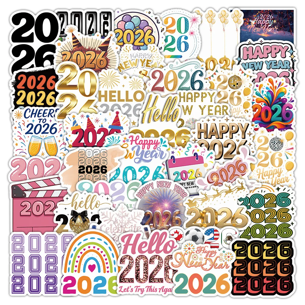 54pcs 2026 Happy New Year Colored Numbers English Letters Cartoon Graffiti Stickers Party Decoration Festival Phone Luggage